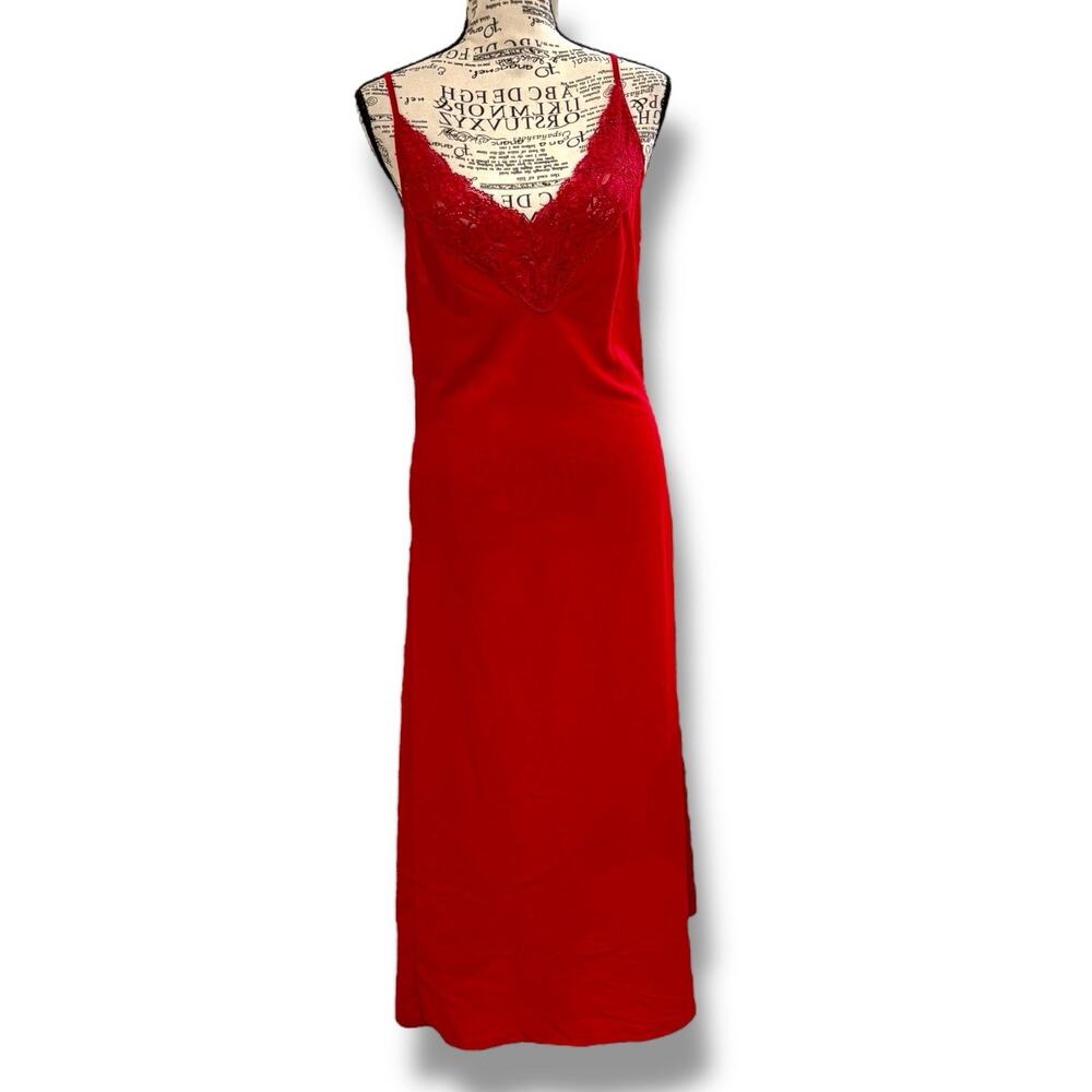 Vintage 80s Petra Fashion Size S Red Lace Trim Slip Maxi Nightgown - Made In USA